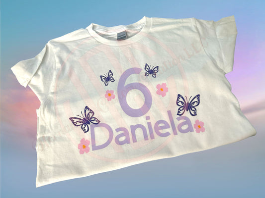 PERSONALIZED BUTTERFLY NUMBER AND NAME BIRTHDAY T-SHIRT