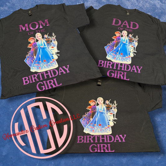 Hernandez Custom Creation LLC black Frozen 2 family matching birthday t-shirts with glitter purple text